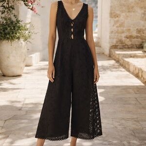 Zimmermann embroidered eyelet broderie anglaise black wide leg jumpsuit